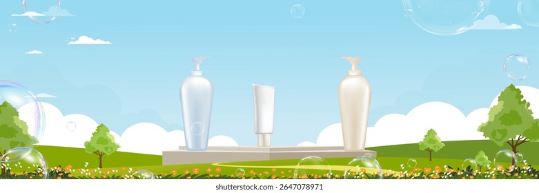 Blue sky, clouds, flowers field,tree and green grass landscape with Cosmetic tube mock up for Organic Product design for kids,Vector cartoon spring nature with blank cream tube product branding banner