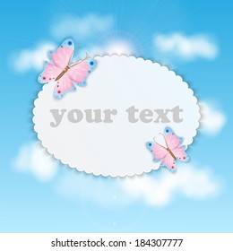 Blue sky with clouds and frame for your text colorful butterflies