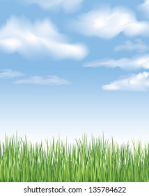 Blue sky with clouds and grass. Vector spring background.