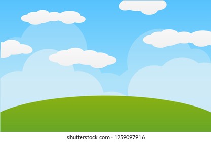 Blue sky with clouds and Green grass. Can be used poster or presentation design. Nature concept. Clean background. Vector illustration.