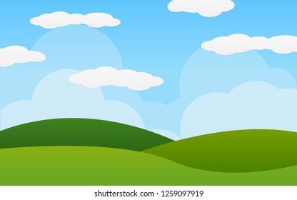 Blue sky with clouds and Green grass. Can be used poster or presentation design. Nature concept. Clean background. Vector illustration.