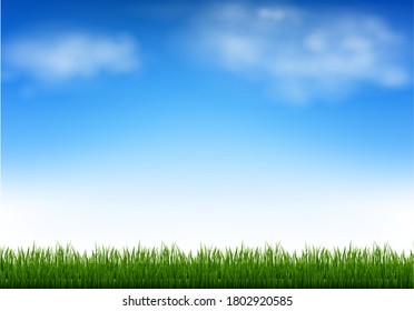 Cielo Azul Y Nubes Y Grasa Verde Con Malla De Gradiente, Ilustración Vectorial
