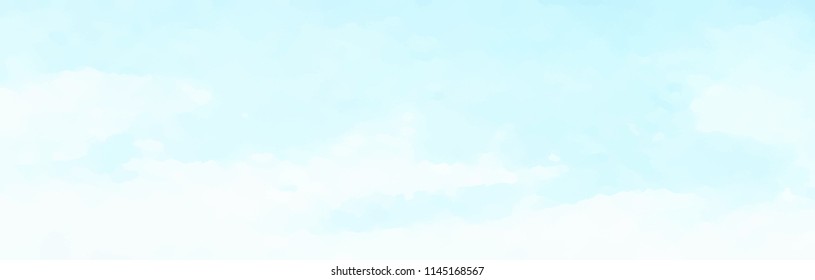 Blue sky and clouds, hand painted abstract watercolor background. Panoramic view. Vector illustration.