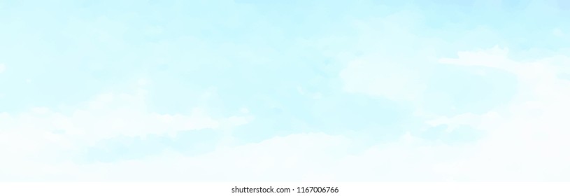 Blue sky and clouds, hand painted abstract watercolor background. Panoramic view. Vector illustration.