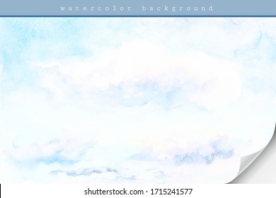 Blue sky and clouds, hand painted abstract watercolor background with curled paper corner, vector illustration