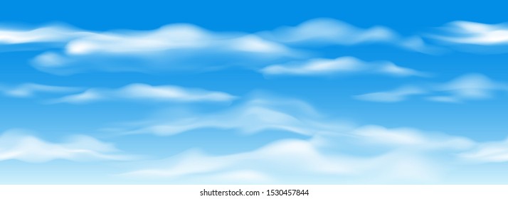 Blue sky with clouds horizontal seamless pattern. Cloud graphics seamless texture, cloudy weather overcast background, cloudiness blue horizon vector illustration