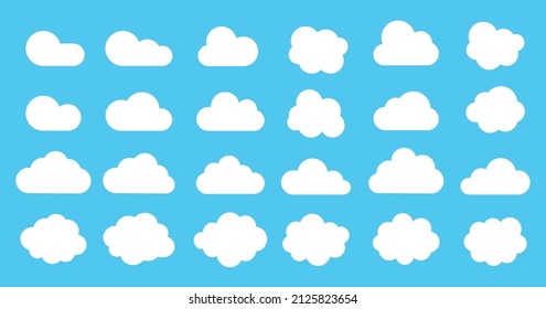 Blue sky and clouds icons set. Carton cloud shape. Different clouds in flat style. Collection bubble cloud isolated on background. Vector graphic element. 