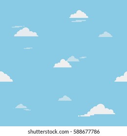 Blue sky with clouds on the shiny day, seamless background. Vector illustration.