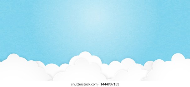 Blue sky and clouds in paper cut style on blue background. Design for backdrop, poster, banner, template, wallpaper, advertising. Vector illustration.