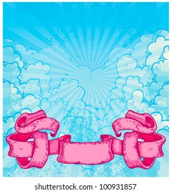 blue sky with clouds with pink banner