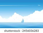 Blue sky with clouds, plane and sailing yacht silhouette over blue sea  on horizon. Copy space for you text. Vector template background for advertising flyer or web header