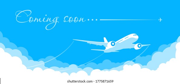 Blue sky with clouds and a plane taking off. Announcement of the opening and the beginning of flights after quarantine. Illustration, vector