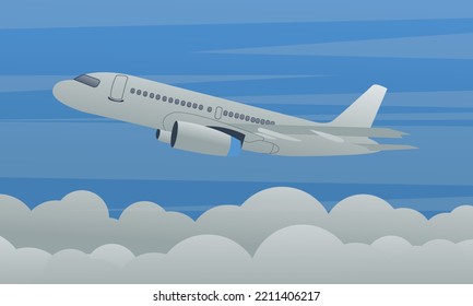 Blue sky with clouds and a plane taking off vector illustration