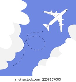 Blue sky with clouds and a plane taking off. Announcement of the opening and the beginning of flights after quarantine. Illustration, vector. Modern cartoon flat background for traveling, fly vacation