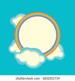 Blue sky, clouds and rainbow frame template for web banners, posters, cards, wallpapers, backdrops, web and print projects. Childish simple full round rain bow.
