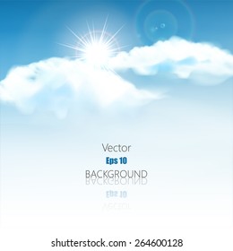 Blue sky with clouds and rays. Vector background