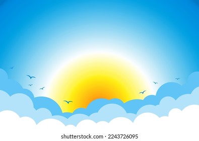 Blue sky with clouds and rising or down yellow sun. Vector background