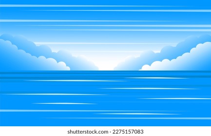 Blue sky with clouds and the sea in the background. Vector landscape illustration.