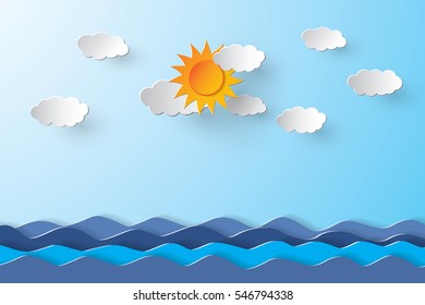 Blue sky and clouds with blue sea, paper art style.