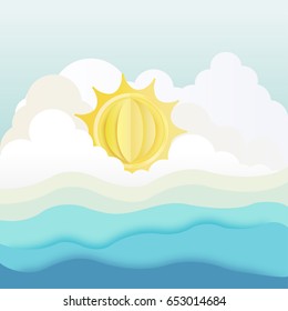 Blue sky and clouds with blue sea, paper art style.