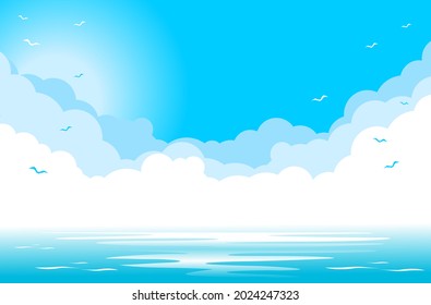 Cielo azul con nubes y siluetas de gaviotas sobre el mar azul. Ilustración, fondo vectorial