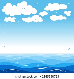 Cielo azul con nubes y siluetas de gaviotas sobre el mar azul. Ilustración, fondo vectorial