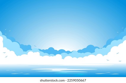 Blue sky with clouds and silhouettes of seagulls over blue sea. Copy space for you text. Vector template background for advertising flayer or web header