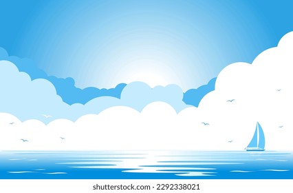 Cielo azul con nubes y siluetas de gaviotas sobre el mar azul, velero en el horizonte. Copiar espacio para el texto. Fondo de la plantilla de vectores para el flayer publicitario o encabezado web