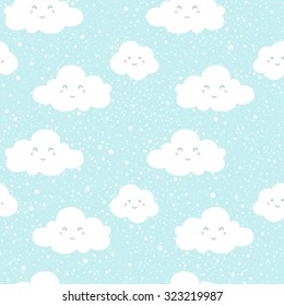 Blue sky with clouds silhouettes and snowfall splash texture. Clouds with funny cartoon faces. Vector seamless pattern. Winter background. Falling snow hand drawn spray texture.