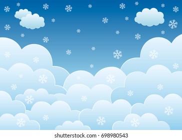 Blue Sky with Clouds and Snowflakes. Cartoon Background. Bright Illustration for Design.