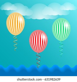 Blue sky, clouds and striped balloons. Vector illustration EPS10