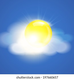 Blue sky with clouds and summer sun burst. Vector illustration.