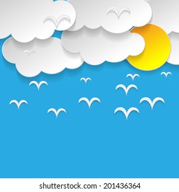 Blue sky with clouds and sun and birds illustration vector