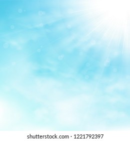 Blue sky and clouds with sun burst and rays background. illustration vector eps10