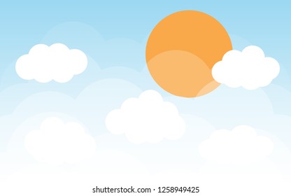 Blue sky with clouds and sun. Can be used poster or presentation design. Nature concept. Clean background. Vector illustration.