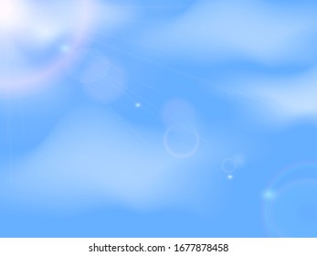 Blue sky with clouds and sun flare. Vector stock Illustration for poster