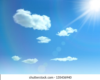 Blue sky with clouds, sun and glare. Vector background.