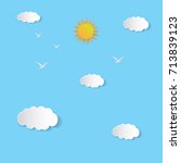  blue sky with clouds and sun , paper art style