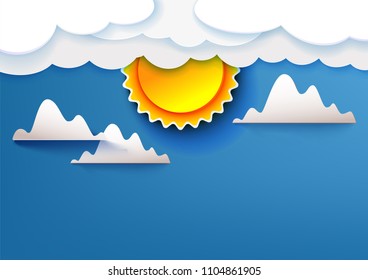 Blue sky with clouds and sun. Paper art cut out style. Vector illustrtaion.