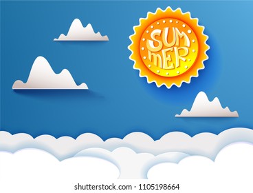Blue sky with clouds and sun. Paper art cut out style. Vector illustrtaion. Cute summer lettering on sun circle.