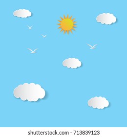  Blue Sky With Clouds And Sun , Paper Art Style