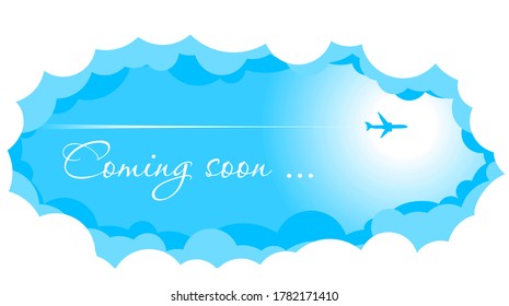 Blue sky with clouds and sun. Passenger airplane is flying high. Announcement of the opening and the beginning of flights after quarantine. Illustration, vector