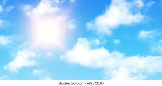 Blue sky with clouds and sun, perfect day vector background.