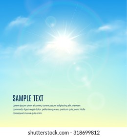 Blue Sky With Clouds And Sun With Rays. Vector Background