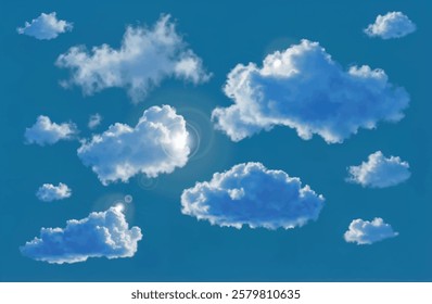 Blue sky with clouds and sun realistic vector illustration