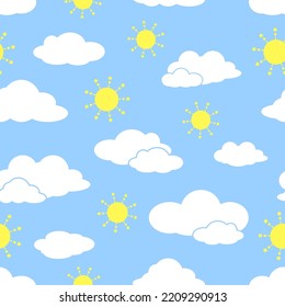 Blue sky, clouds and sun seamless pattern