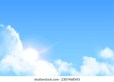Blue sky with clouds and sun with sunshine vector illustration. Realistic bright sunlight glow in cloudy atmosphere, sunny day and weather in open air, summer and spring sky scene template background