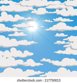 Blue sky with clouds and sun. Vector illustration
