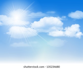 Blue sky with clouds and sun. Vector illustration