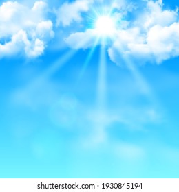 Blue Sky With Clouds, Sunbeam And Sun. Realistic Vector Background.